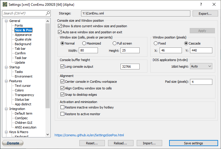 ConEmu settings, Size and position page