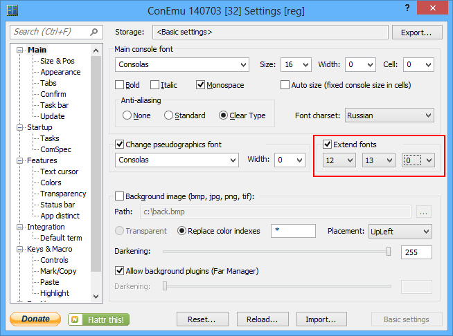 ConEmu Settings: Extend fonts