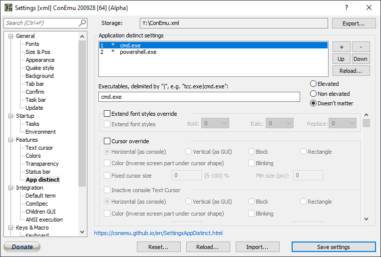 ConEmu Settings: App distinct