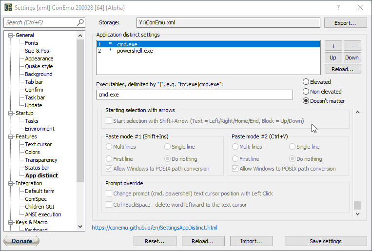 ConEmu settings, App distinct page