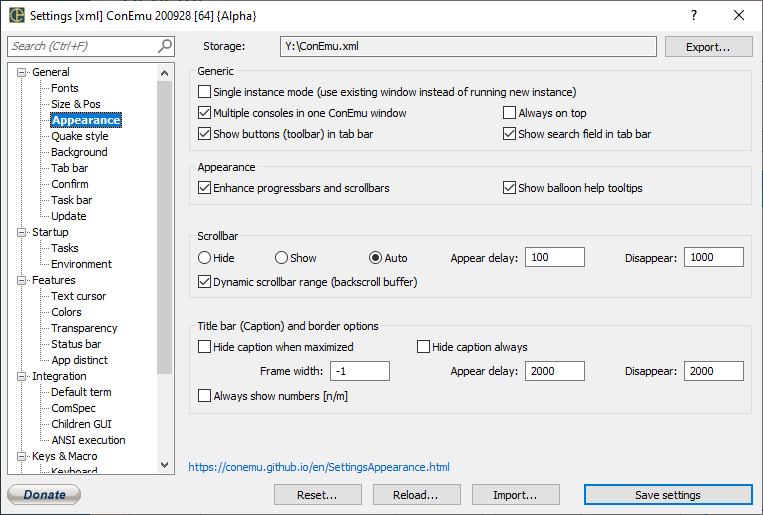 ConEmu settings, Appearance page