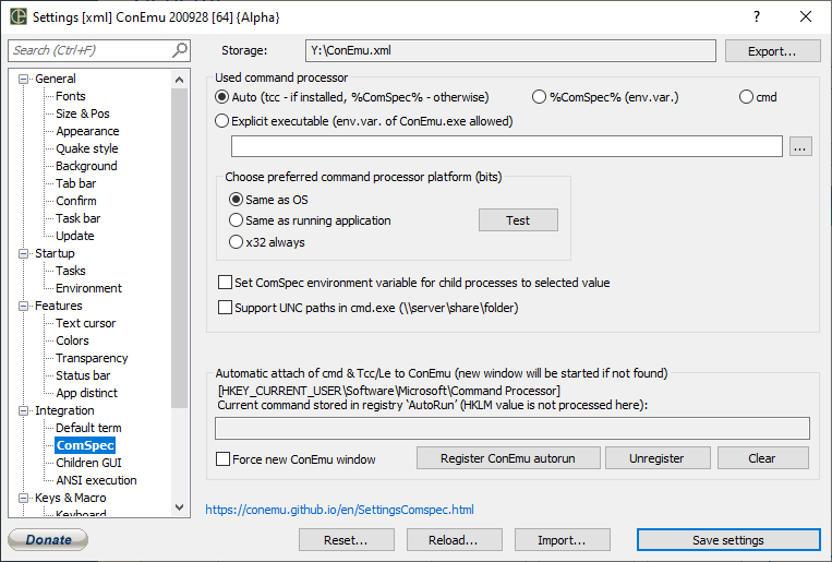 ConEmu settings, Comspec page