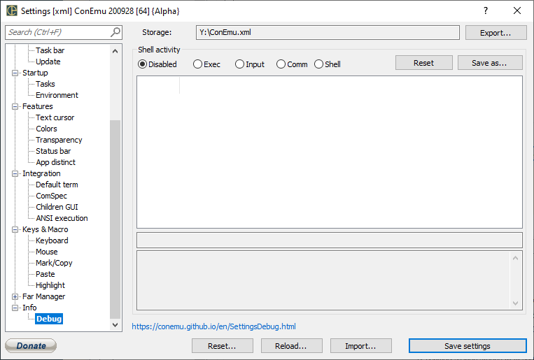 ConEmu settings, Debug page