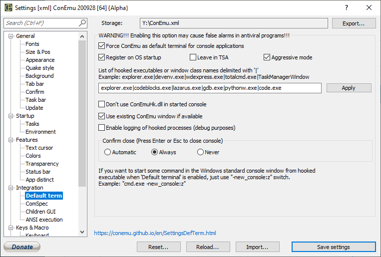 ConEmu settings, DefTerm page