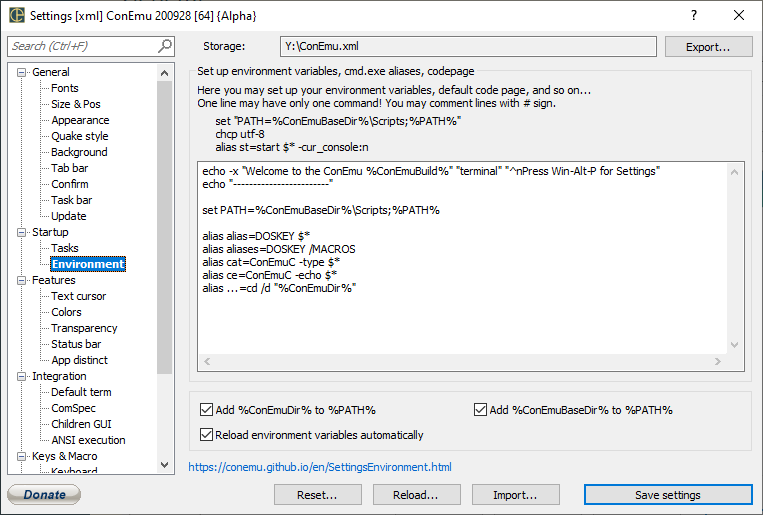 ConEmu settings, Environment page