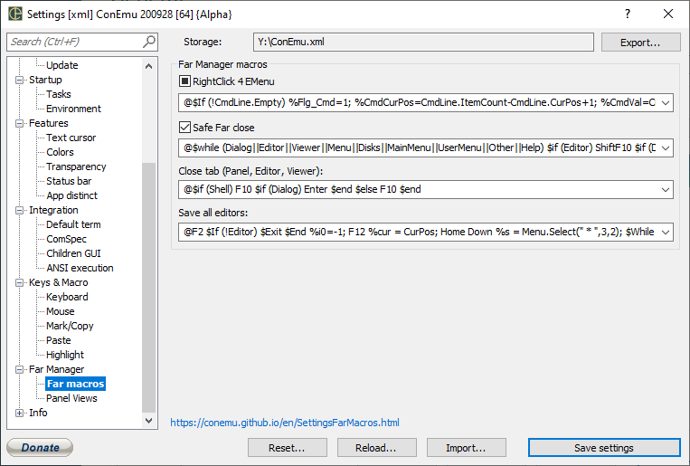 ConEmu settings, Far macros page