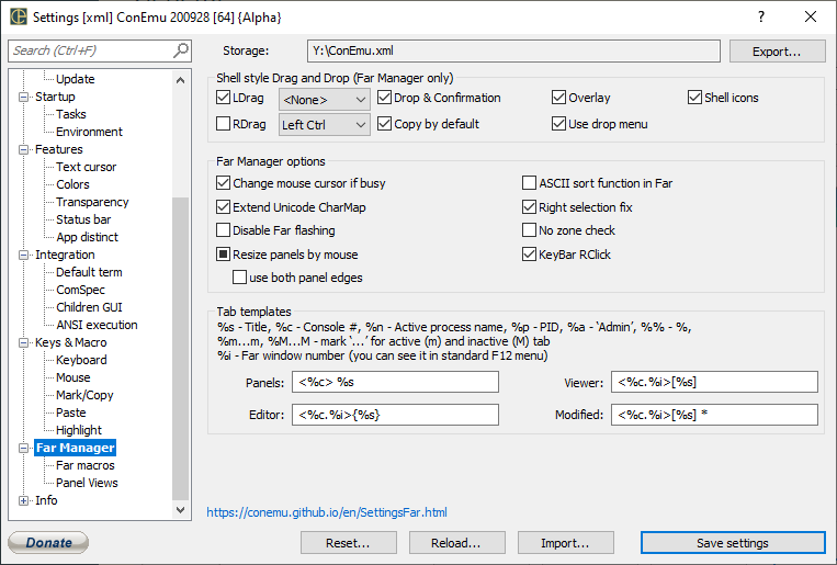 ConEmu settings, Far Manager page