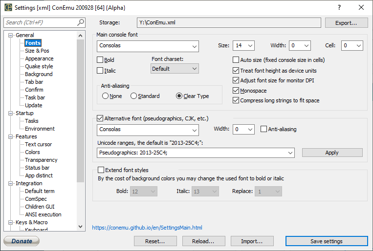 ConEmu settings, Fonts page