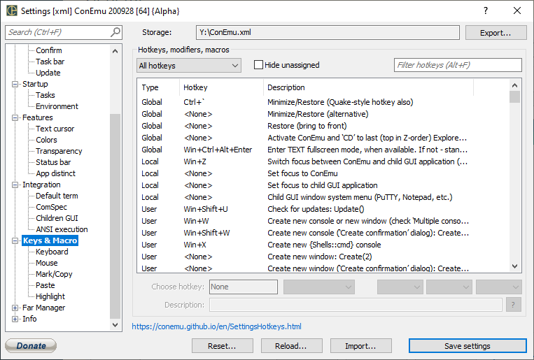 ConEmu settings, Keys and Macro page