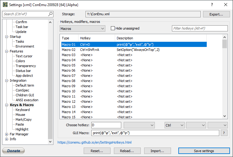 ConEmu Settings: Keys & Macro