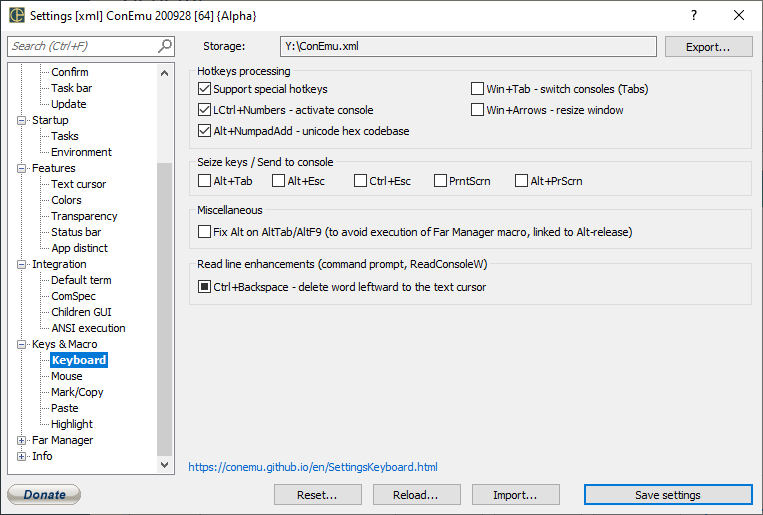 ConEmu settings, Controls page