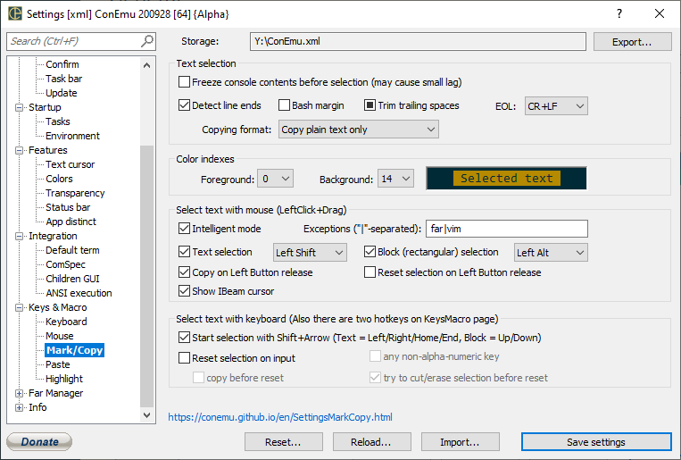 ConEmu: Text selection and copy settings