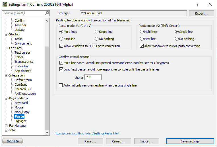 ConEmu: text paste settings