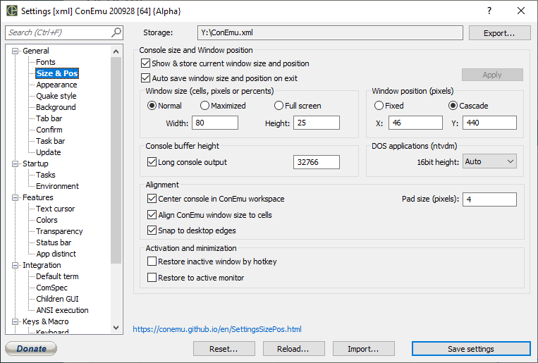 ConEmu Settings: Size & Pos