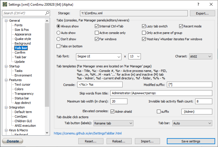 ConEmu settings, Tabs page