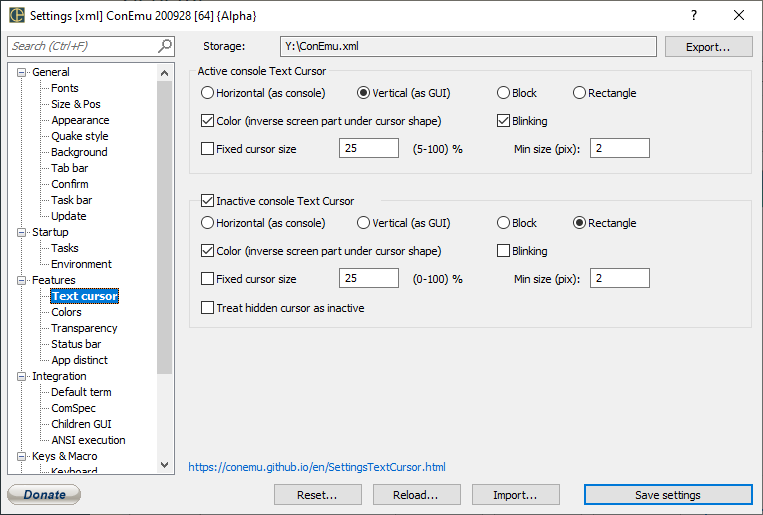 ConEmu settings, Text cursor page