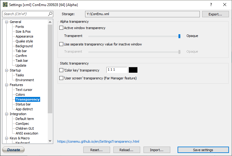 ConEmu Settings: Transparency