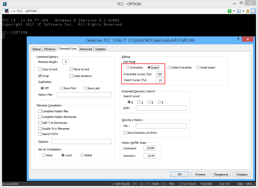 Change tcc prompt to insert mode by default